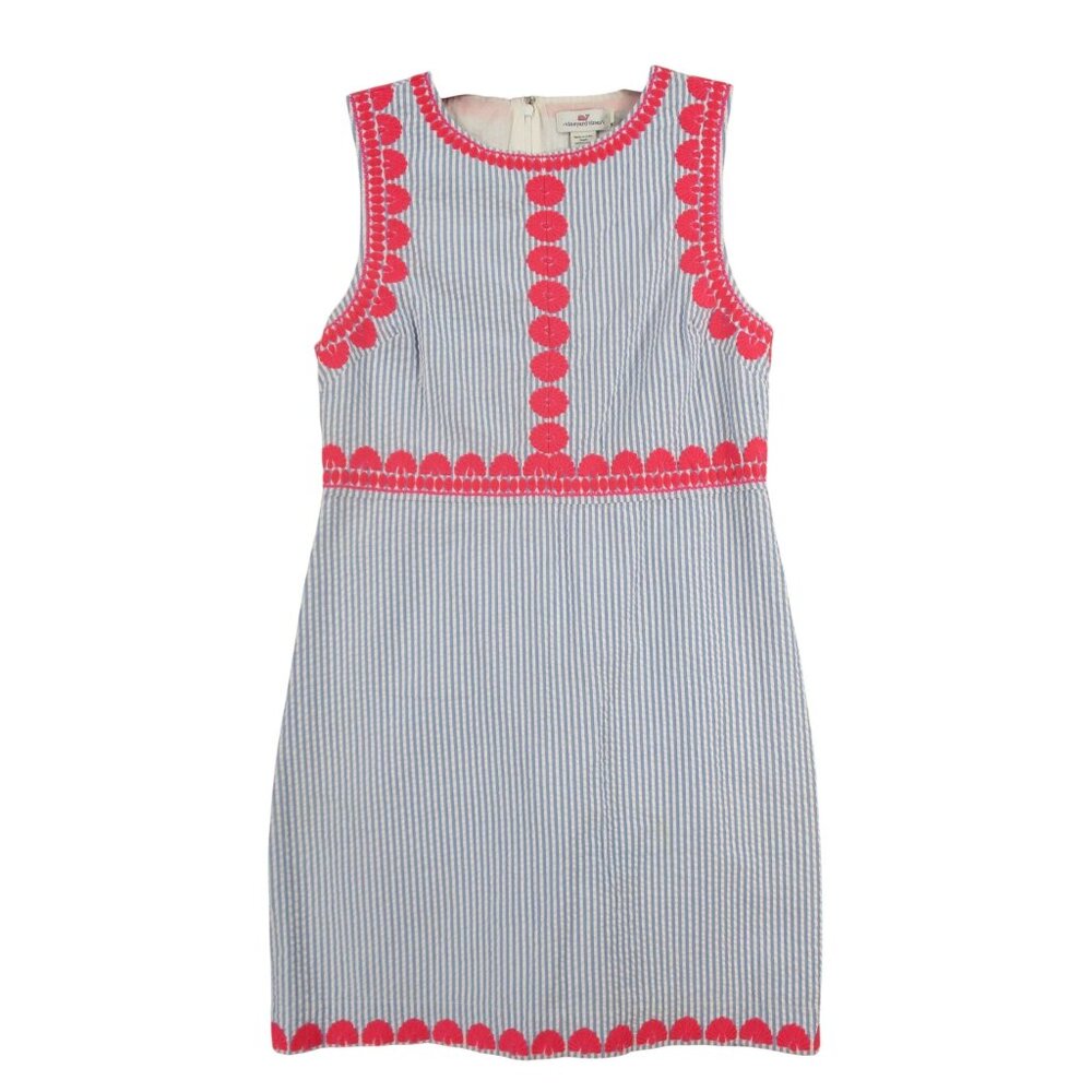 Vineyard Vines Pink Embroidered‎ Blue Seersucker Cotton Dress Size 6